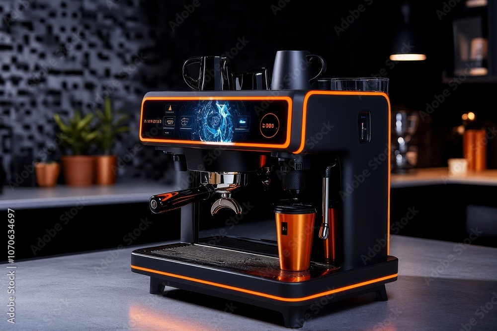 Aufkleber futuristic coffee machine with neon accents and digital holographic display, creating a high-tech lo