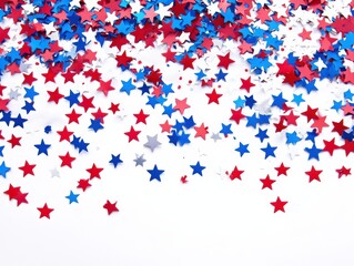 Red, white, and blue star confetti scattered on a white background.