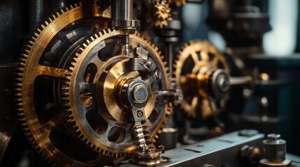 Close-up of intricate brass gear and machinery components, showcasing mechanical engineering design.