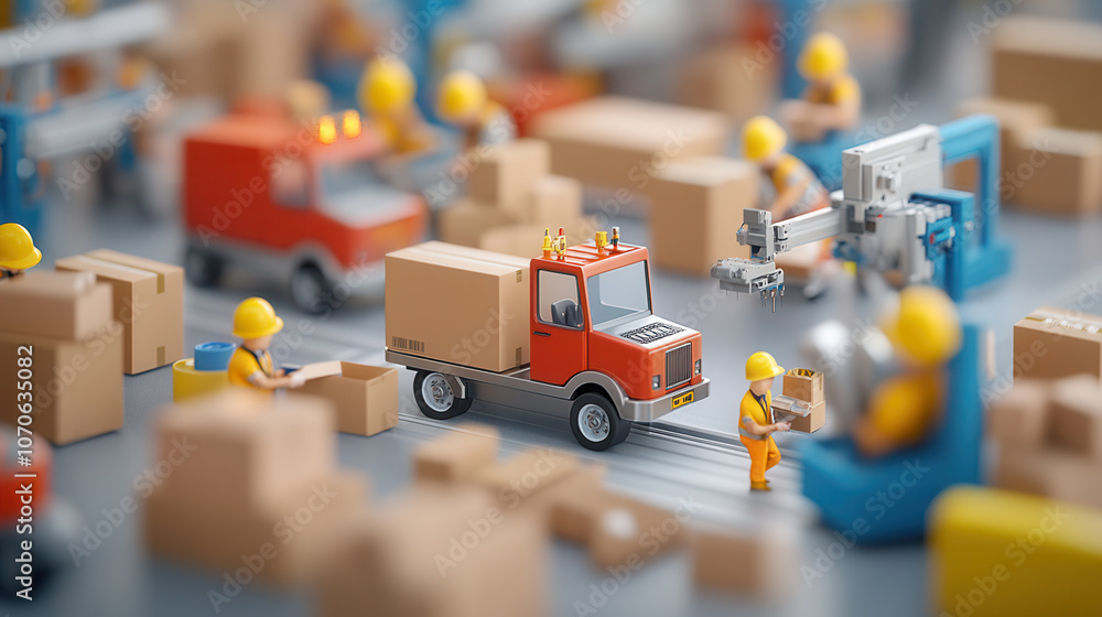 Poster efficient factory interior with workers, trucks, and boxes in motion. scene captures busy environmen
