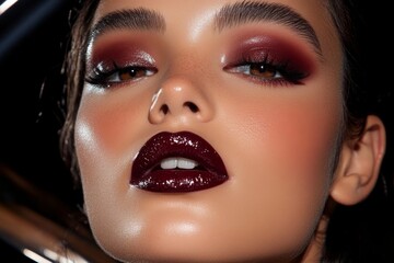 Gothic-inspired beauty portrait with dark lipstick, smokey eye makeup, and shadowy lighting