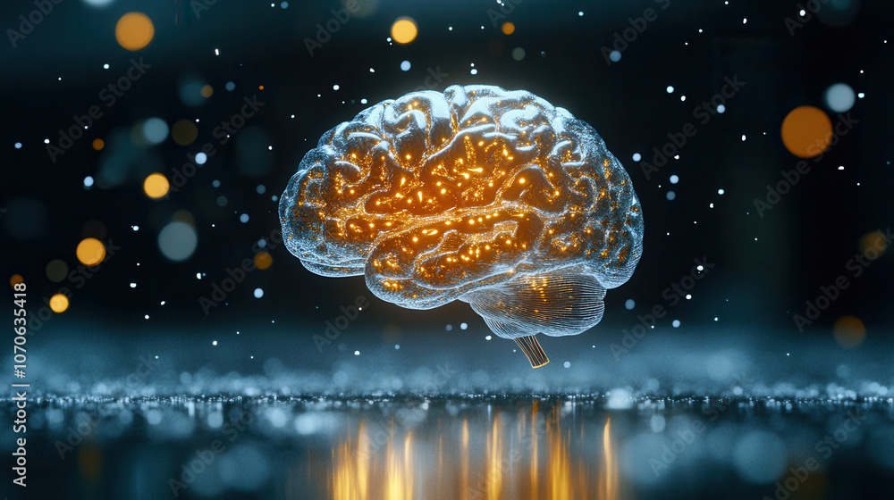 Poster glowing brain sculpture in 3d, featuring intricate details and shimmering lights, creates captivatin