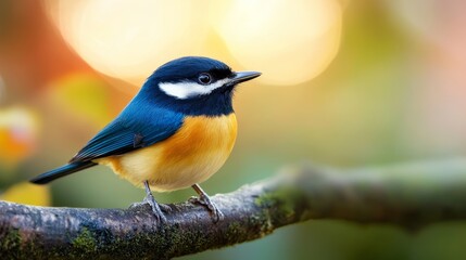 Obraz premium A vibrant bird perched on a branch, showcasing its colorful plumage against a blurred background.