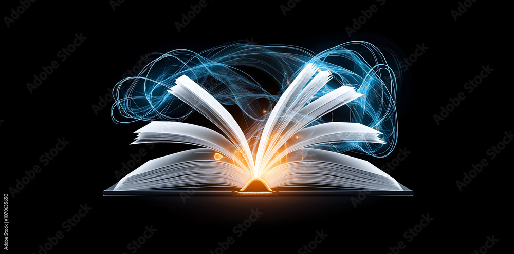 Poster magical open book with glowing pages and swirling light effects, creating enchanting atmosphere