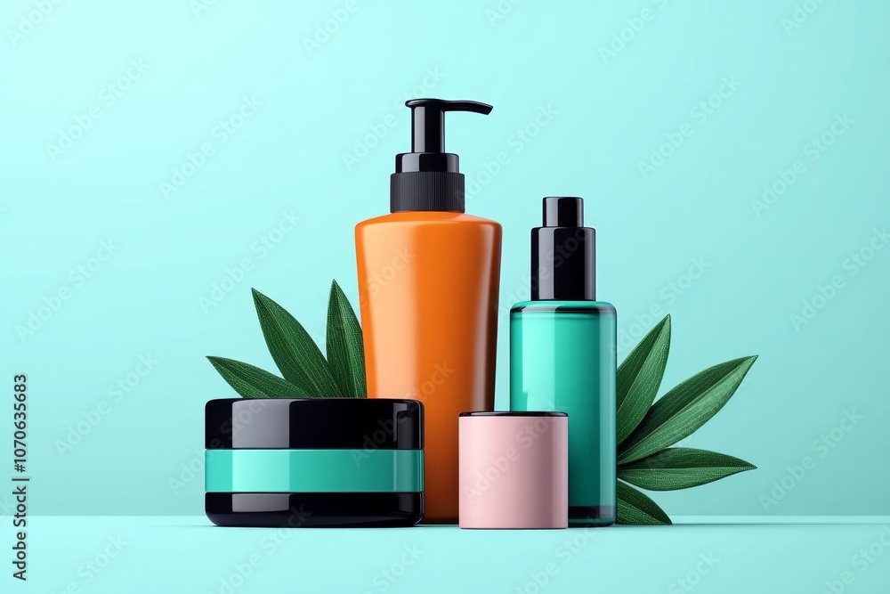 Poster illustration of skincare items with simple lines and soft pastel colors on a plain background