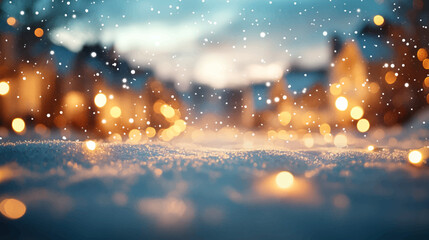 Beautiful blurred street of festive night or evening city with snowfall and Christmas lights. Abstract background Christmas lights in winter landscape with snow, lights bokeh background.