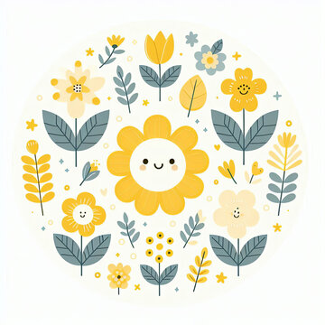 A cute floral pattern with cream, blue, yellow  and purple flowers and dark stems and leaves on a white background.