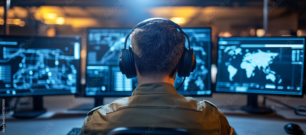 Poster modern soldier in headset monitors multiple screens displaying maps and data, showcasing high tech c