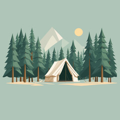 High-quality vector icon of a cozy camping setup with a tent under two symmetrical trees, designed with golden ratio proportions. White background for easy transparency use.