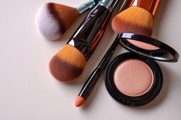 Minimalist arrangement of makeup brushes and a compact, on a light, pastel-colored background