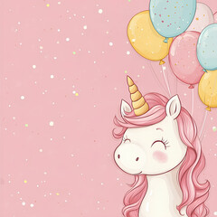 Cute unicorn on pink background with balloons, children's birthday card 
