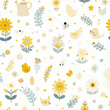 A cute floral pattern with cream, blue, yellow  and purple flowers and dark stems and leaves on a white background.