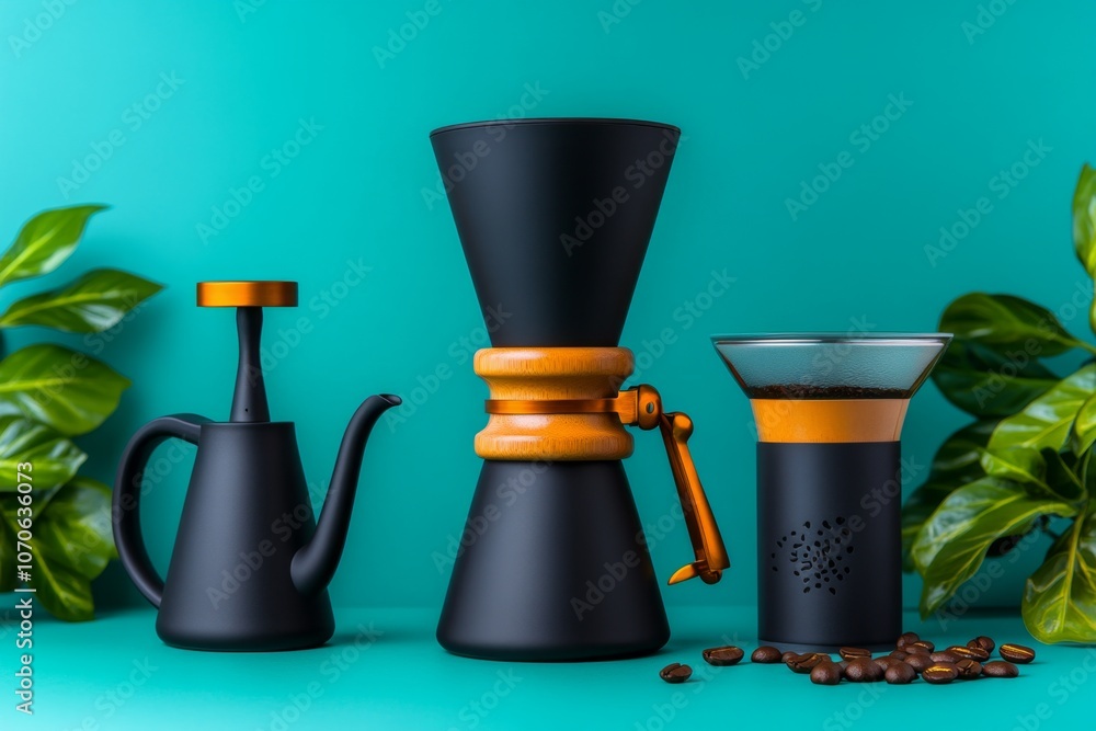 Poster minimalist design of coffee brewing tools with clean shapes, set against a soft pastel background