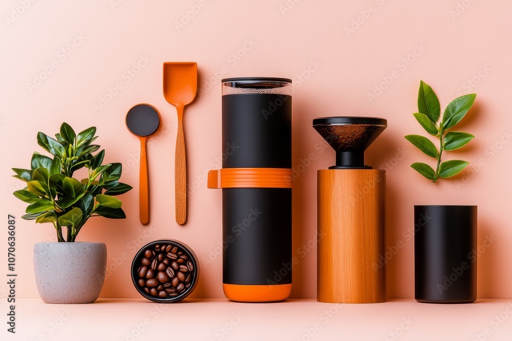 Poster minimalist design of coffee brewing tools with clean shapes, set against a soft pastel background