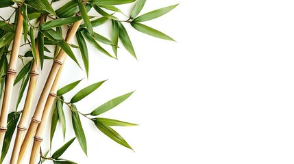 Fototapeta premium Green bamboo stalks and leaves on white background, corner arrangement.