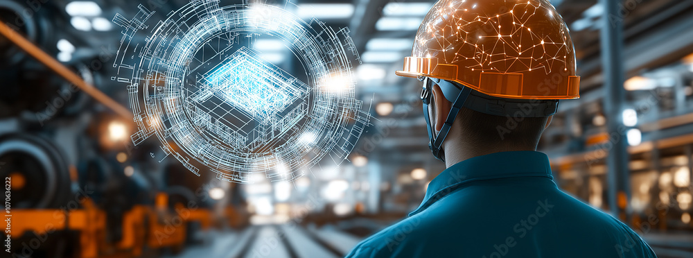 Poster architect wearing helmet observes digital blueprint in factory. scene conveys innovation and technol