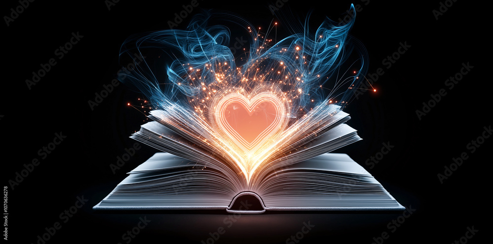 Poster open book with glowing pages emits magical symbols and heart, creating captivating and enchanting at