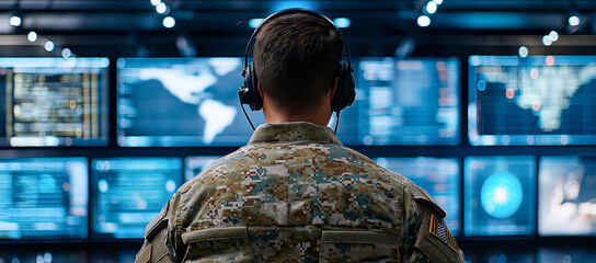 American soldier in camouflage uniform monitors data in high tech control room, showcasing advanced technology and military operations