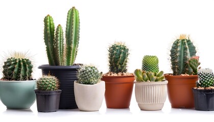 Fototapeta premium A small, potted cactus plant with sharp thorns, isolated on a white background