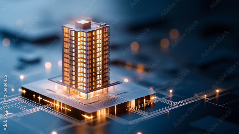 Poster modern building model illuminated on digital circuit board, showcasing advanced technology and innov