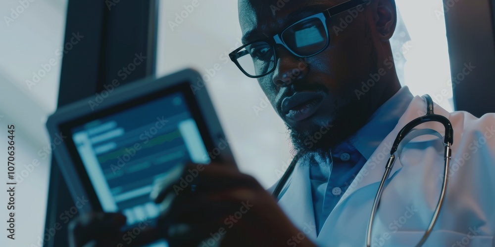 Poster professional individual using a tablet for research, connecting through a digital platform in the he