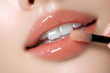 Naklejka premium Model applying lip gloss with a subtle shimmer, focusing on the detail and shine of the product