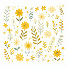 A cute floral pattern with cream, blue, yellow  and purple flowers and dark stems and leaves on a white background.