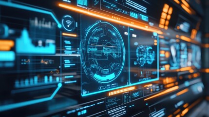 Fototapeta premium A high-tech control panel displaying virtual reality simulations and interactive designs, showcasing innovative concepts and futuristic thinking.