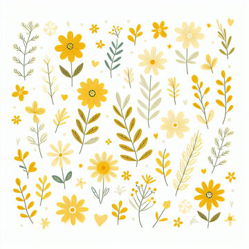 A cute floral pattern with cream, blue, yellow  and purple flowers and dark stems and leaves on a white background.