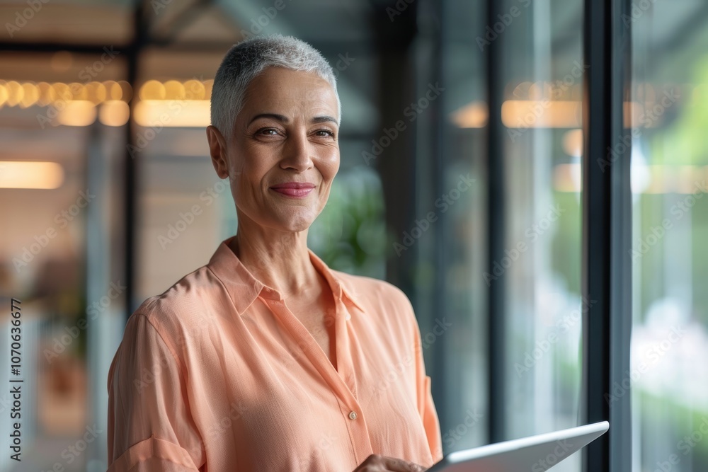 Poster elderly businesswoman using a tablet in an office setting, engaged in research or browsing online wh