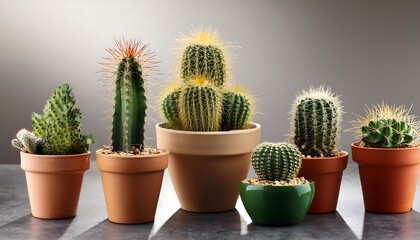 Fototapeta premium A small, potted cactus plant with sharp thorns, isolated on a white background