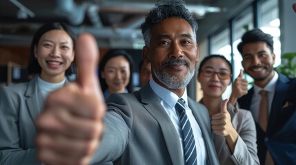 Obraz premium Professional team celebrating success with smiles and thumbs up in the office. Happy employees displaying positive gestures for teamwork and leadership achievement