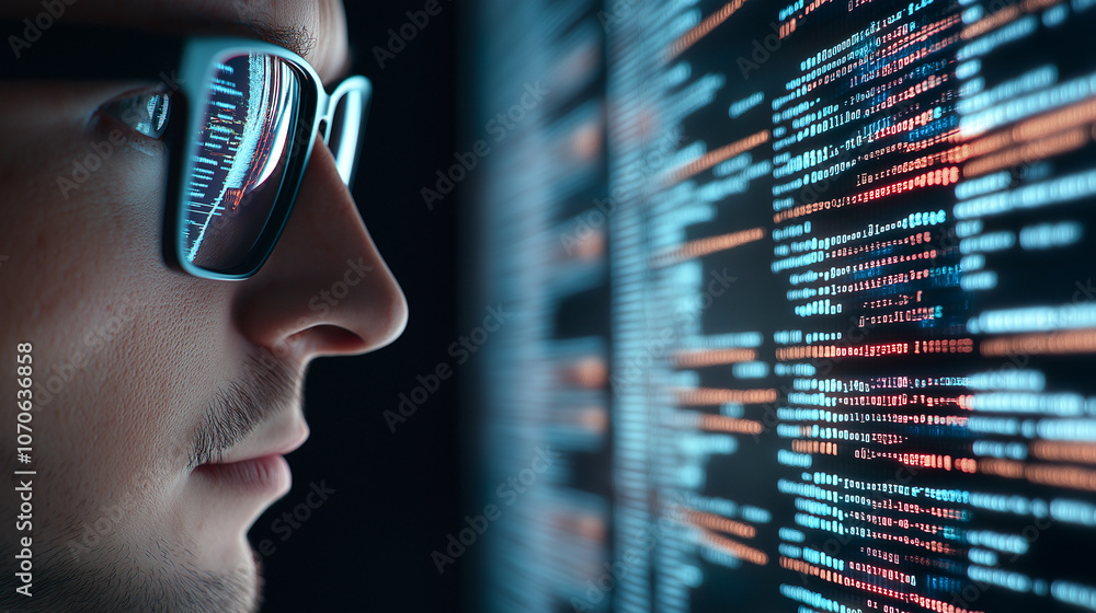 Poster futuristic man observing digital screen filled with code, showcasing technology and innovation. inte