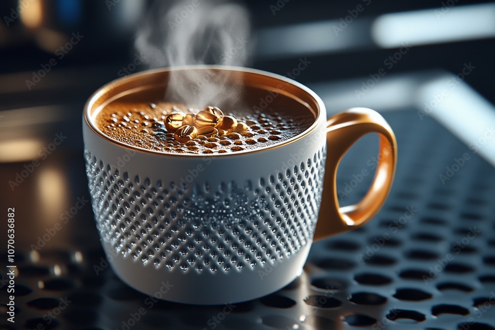Poster pixel art of a coffee cup with steam rising, created in a retro 8-bit style, capturing nostalgic cha