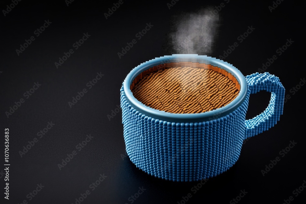 Poster pixel art of a coffee cup with steam rising, created in a retro 8-bit style, capturing nostalgic cha
