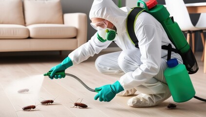 Pest control exterminator killing cockroaches inside house. Man in white protective suit, mask and gas respirator spraying insecticide from sprayer bottle over roaches crawling on floor at home