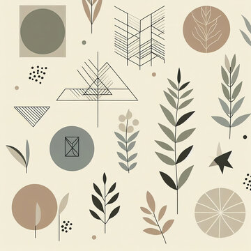 A cute floral pattern with cream, blue, yellow  and purple flowers and dark stems and leaves on a white background.