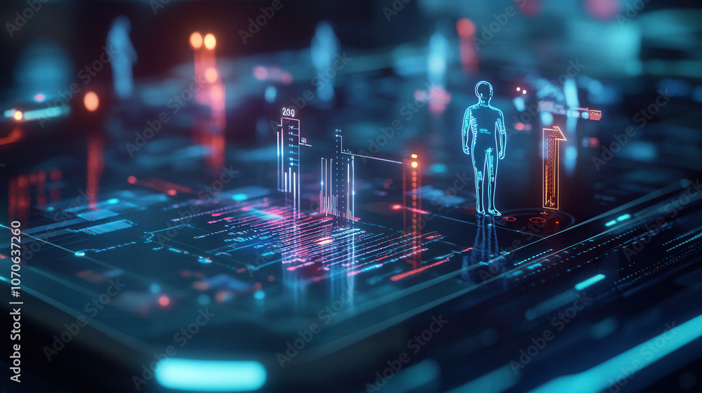 Poster futuristic digital interface showcasing holographic figures and data visualization, representing tec