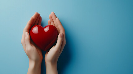 Fototapeta premium Minimalist red heart held gently in hands against blue background, symbolizing love and care. perfect representation of affection and warmth