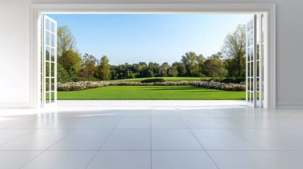 Fototapeta premium bright and airy room with open French doors leading to lush English garden, showcasing vibrant greenery and blooming flowers. serene view invites tranquility and natural beauty