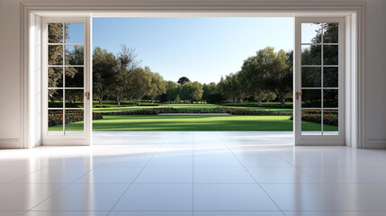 Fototapeta premium serene view through open French doors reveals lush English garden, showcasing vibrant greenery and tranquil atmosphere. sunlight enhances beauty of landscape