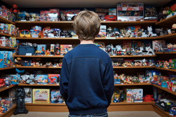 boy stands in toy store, gazing at colorful shelves filled with toys and collectibles. vibrant display evokes sense of wonder and nostalgia
