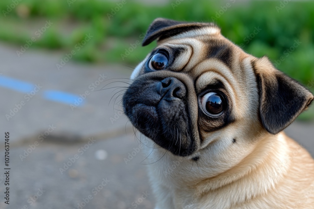 Poster realistic close-up of a pug with big, expressive eyes and a wrinkled face, looking up with curiosity
