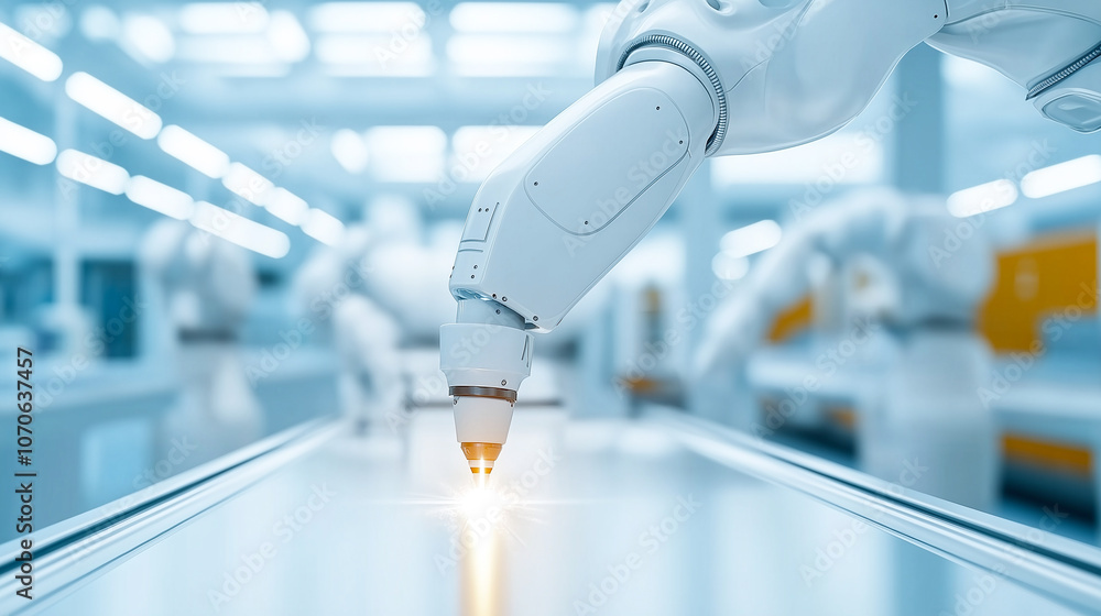 Poster robotic arm performing precision work on production line, showcasing advanced technology and automat