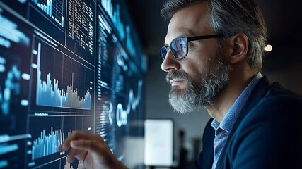 A businessman looking at digital data on screens, symbolising innovation and technology. - Powered by Adobe