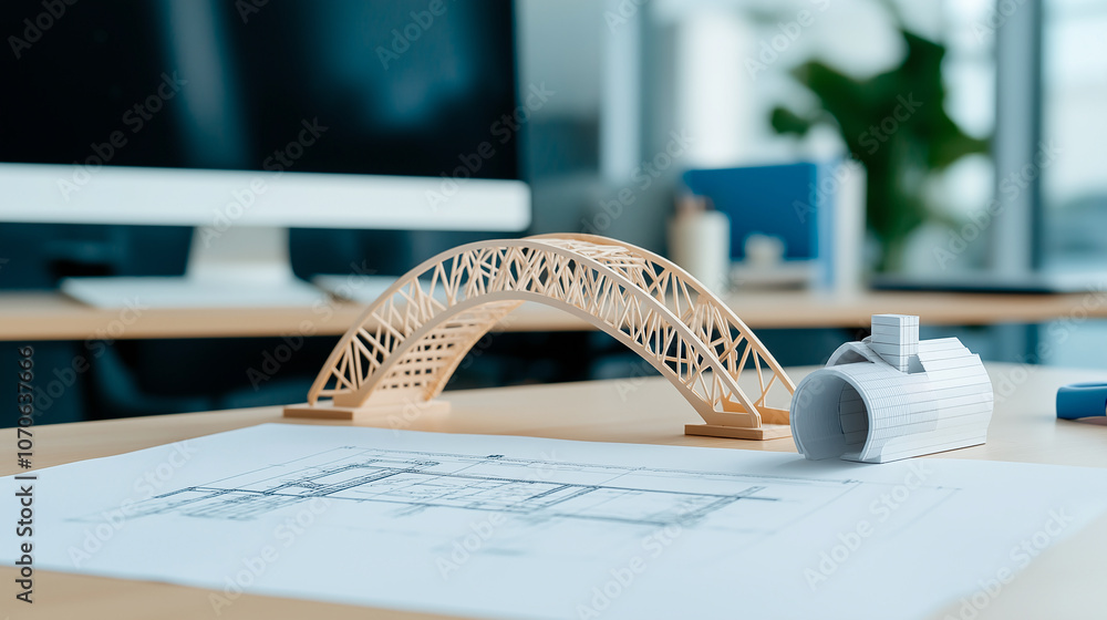 Poster detailed architectural model of bridge sits on desk alongside blueprints, showcasing design process 