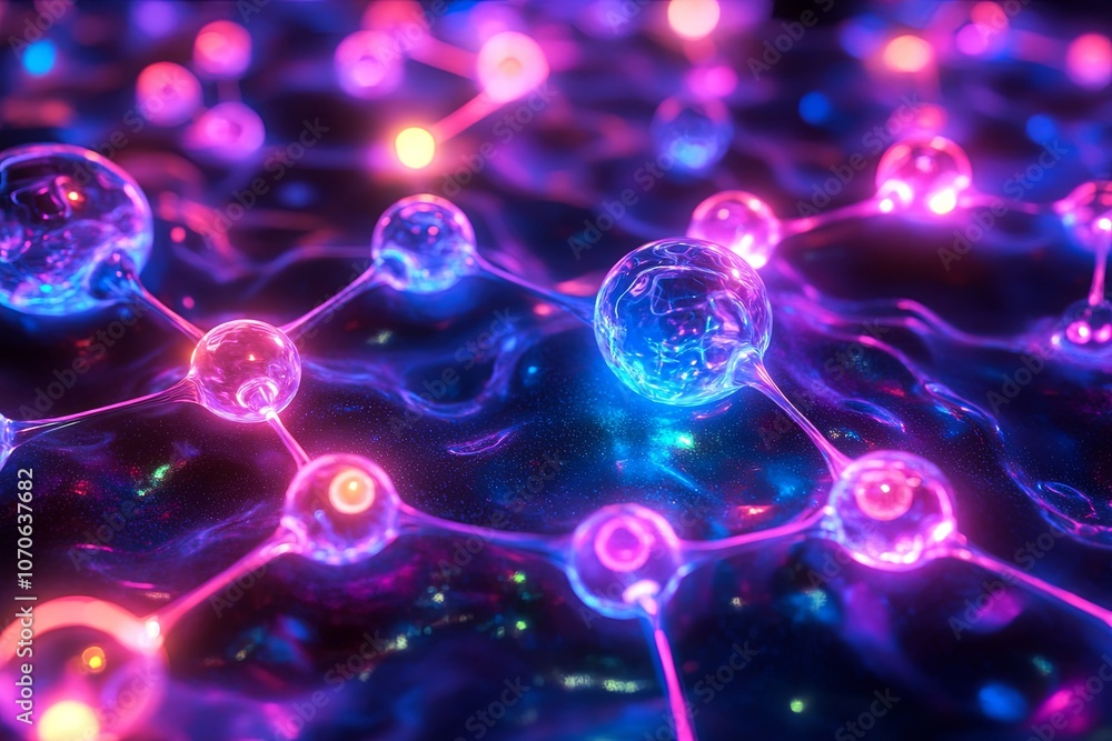 Poster colorful molecular structures illuminated in vibrant neon shades with a dynamic abstract background.