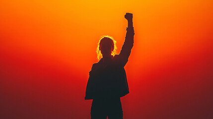 A silhouette of a person with a hand raised in a fist, indicating a victorious or successful moment. The design reflects determination and achievement in a business or personal context.