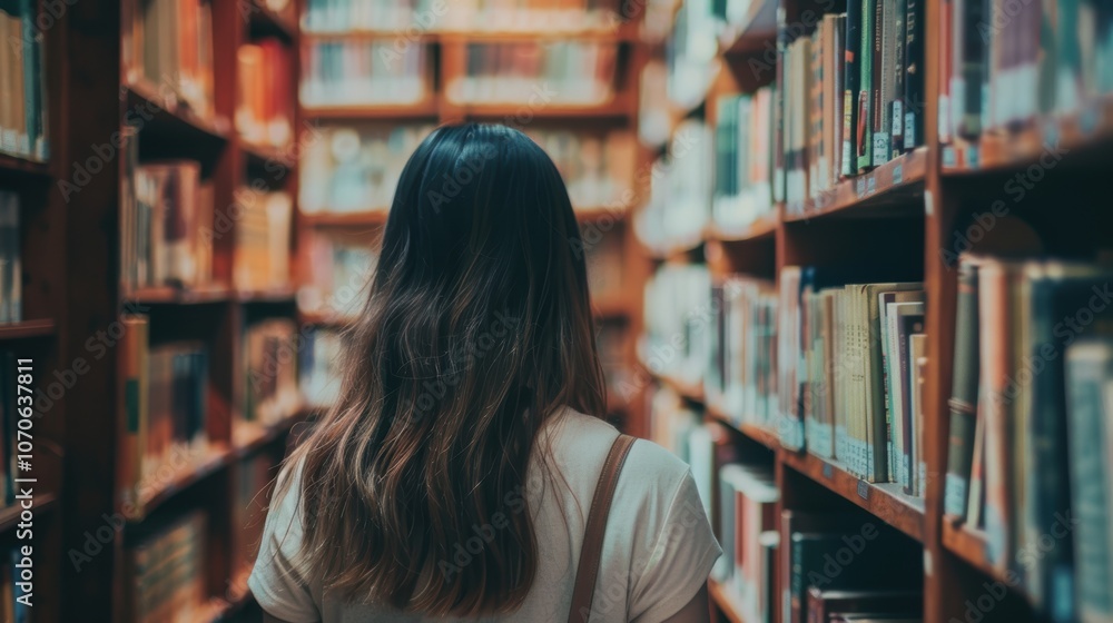 Poster exploration of learning resources with a woman in a library for academic studies and knowledge acqui