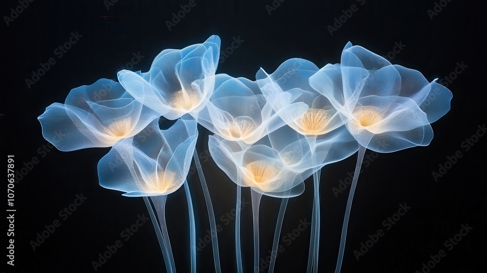 Poster glowing flowers in dark create enchanting and ethereal atmosphere. their intricate details and soft 
